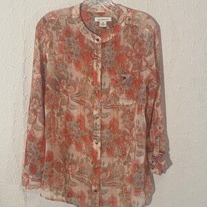Liz Claiborne Women's Floral Button-Down Shirt - Red and Gray Whimsy Sheer Layer